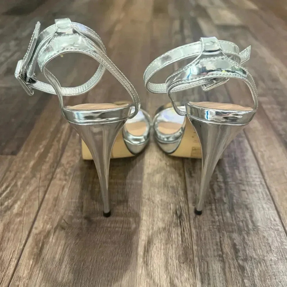 New ALDO Katelina Silver Metallic Strappy Heeled Sandal Heels Size 6 Party - Picture 3 of 6